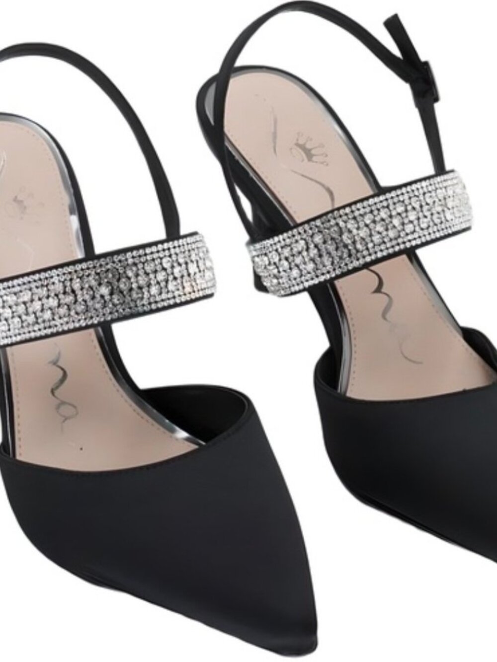 Size 9 Nina Trista Black Luster Satin Slingback Pumps Crystal Strap